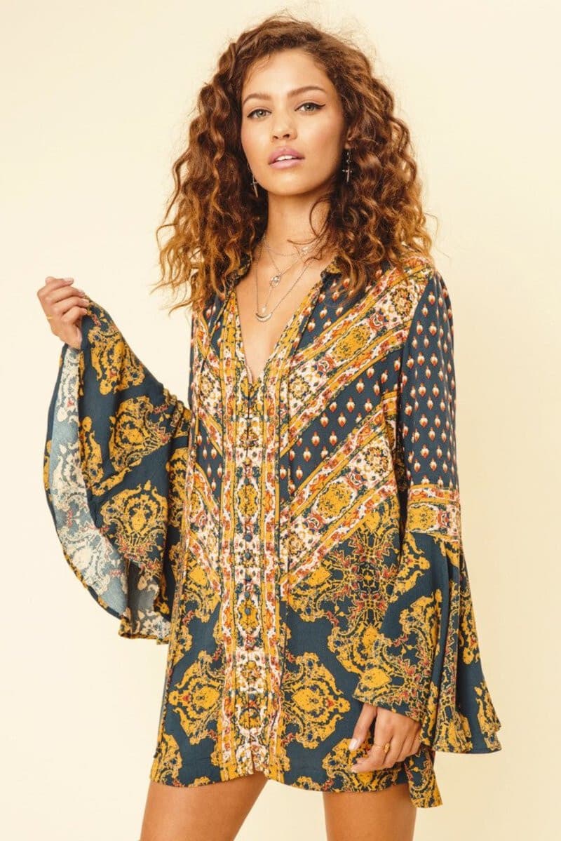 Free People Magic Mystery Ikat Paisley Tunic Top Bell Sleeve Rayon Multicolor M - Thumbnail 7