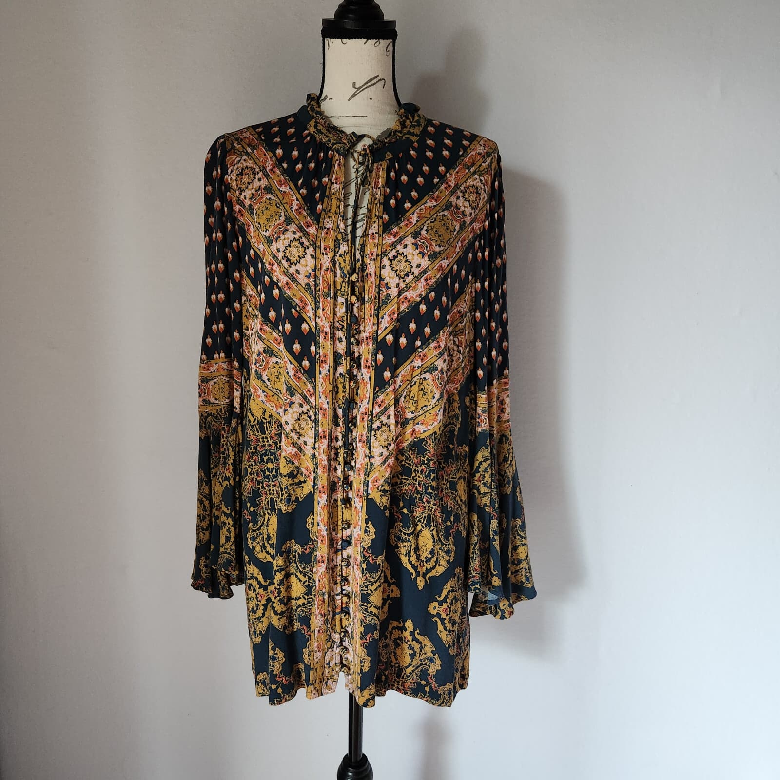 Free People Magic Mystery Ikat Paisley Tunic Top Bell Sleeve Rayon Multicolor M - Thumbnail 4
