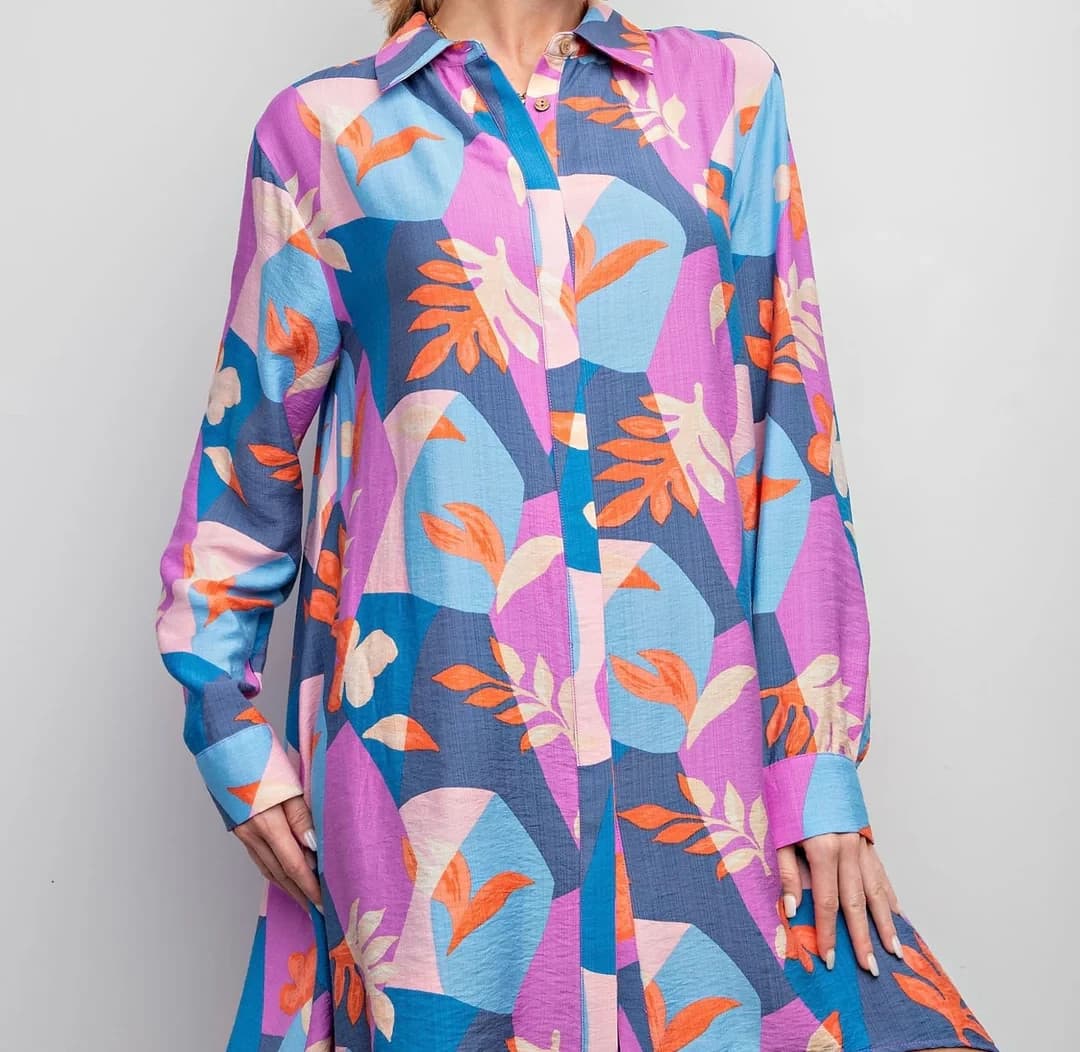 NWT Easel Los Angeles Leaf Printed Oversize Hi-Low Mini Shirt Dress Pocket Sz.S - Thumbnail 3
