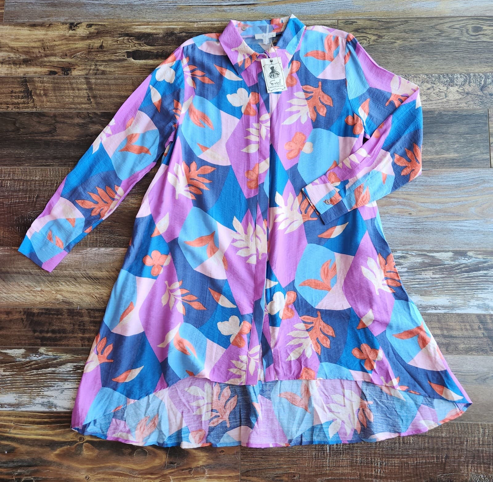 NWT Easel Los Angeles Leaf Printed Oversize Hi-Low Mini Shirt Dress Pocket Sz.S - Thumbnail 4