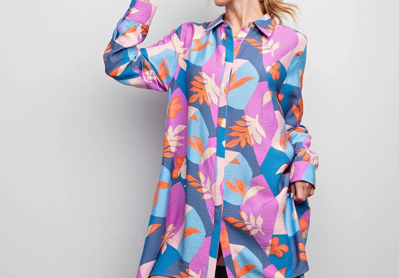 NWT Easel Los Angeles Leaf Printed Oversize Hi-Low Mini Shirt Dress Pocket Sz.S - Thumbnail 5