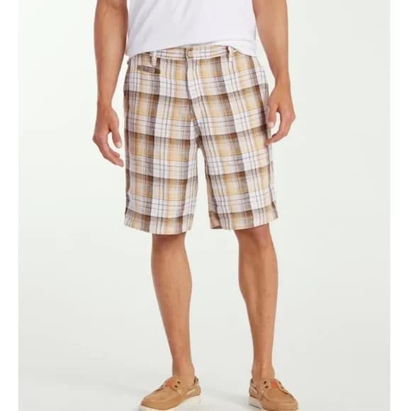 Tommy Bahama Island Duo Linen Reversible Shorts Zip Pocket Plaid Beige Men's 34 - Thumbnail 3