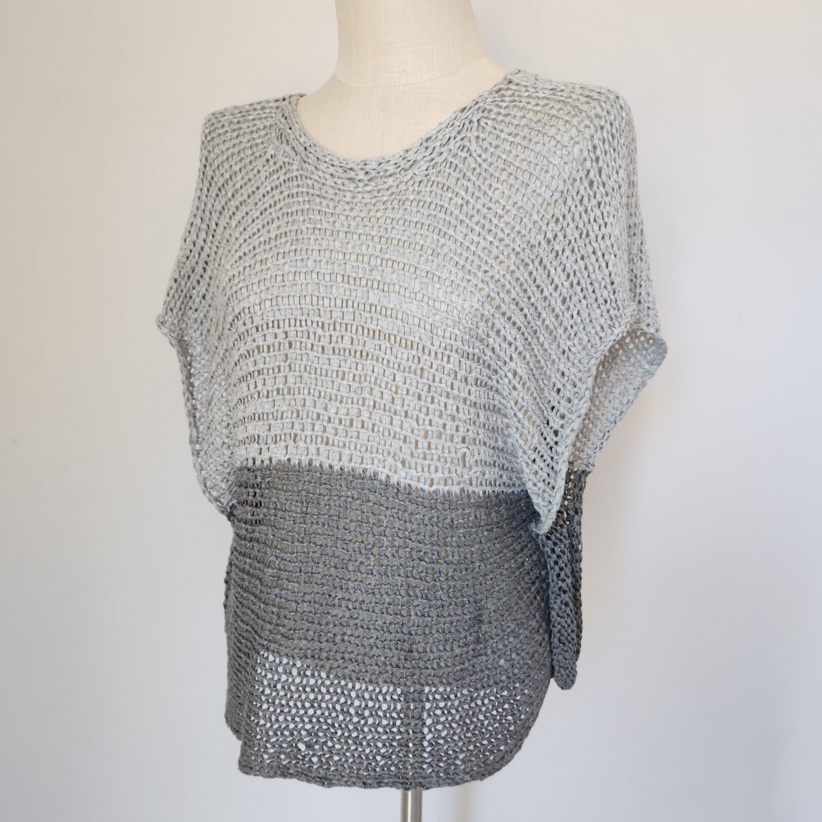 EILEEN FISHER Open Twist Knit Bateau Neck Boxy Crop Top Viscose Moon Gray Sz.PM - Thumbnail 2