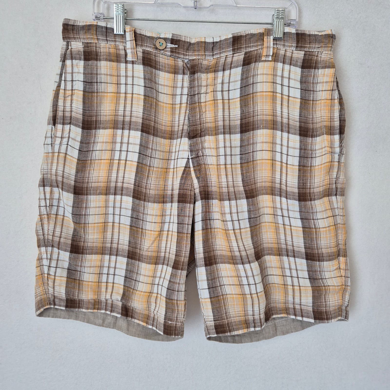 Tommy Bahama Island Duo Linen Reversible Shorts Zip Pocket Plaid Beige Men's 34 - Thumbnail 2