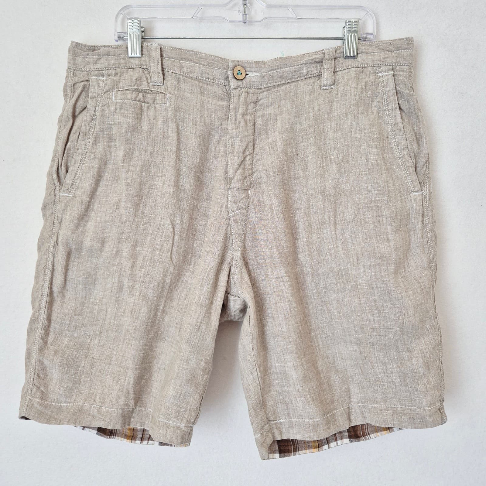 Tommy Bahama Island Duo Linen Reversible Shorts Zip Pocket Plaid Beige Men's 34 - Thumbnail 4