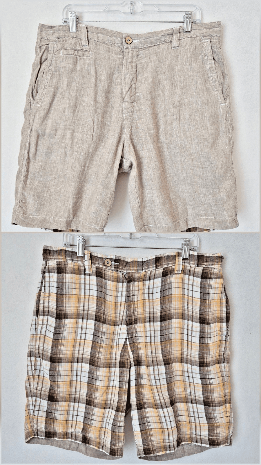 Tommy Bahama Island Duo Linen Reversible Shorts Zip Pocket Plaid Beige Men's 34