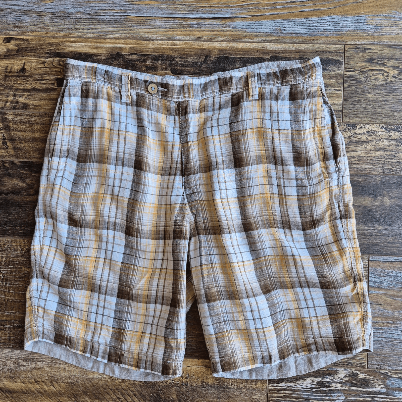 Tommy Bahama Island Duo Linen Reversible Shorts Zip Pocket Plaid Beige Men's 34 - Thumbnail 5