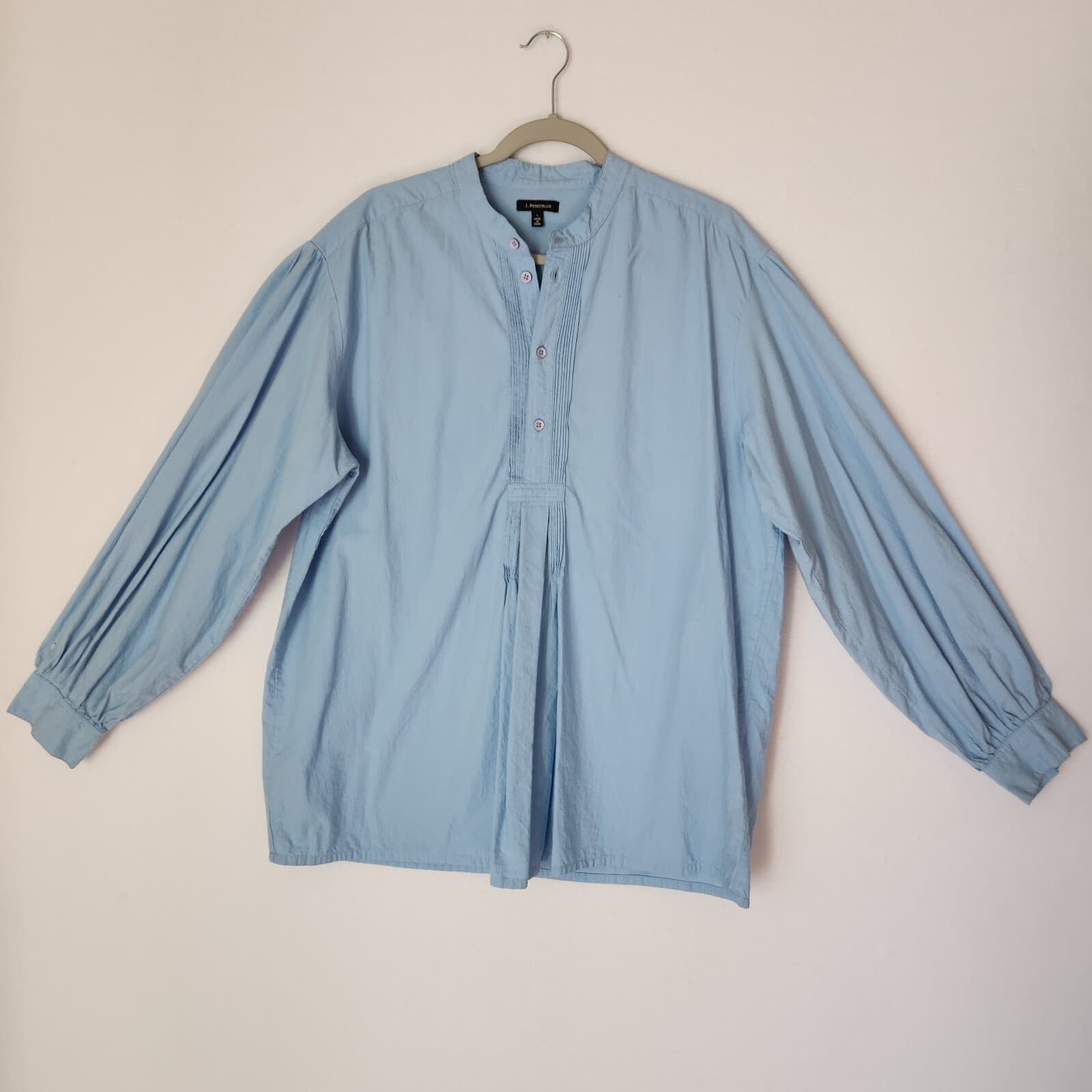 J. Peterman Pintuck Mandarin Neck Popover Top Long Sleeve Half Button Blue Sz.L - Thumbnail 3