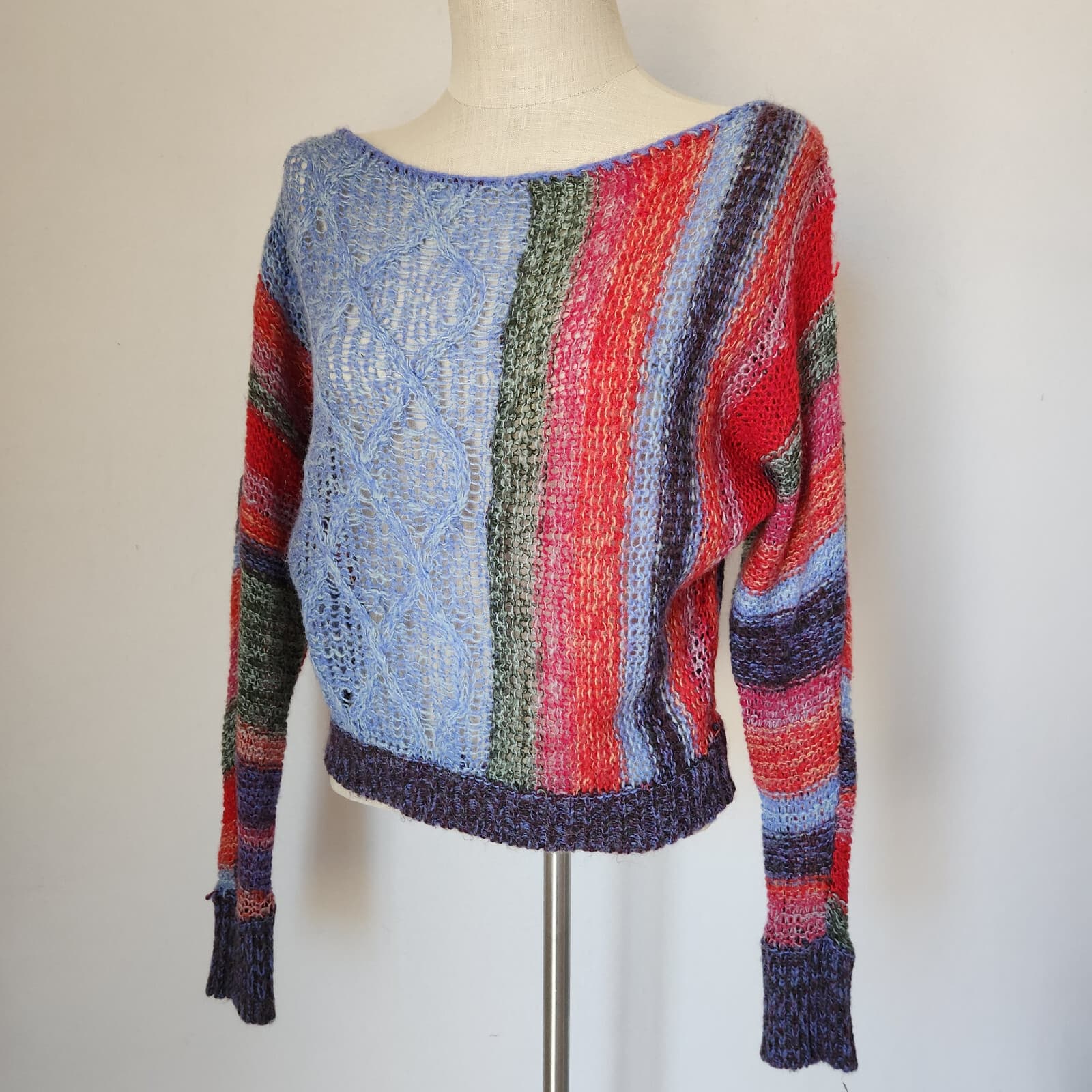 Free People Open Knit Sweater Boatneck Wool Mohair Alpaca Multicolor Oversize XS