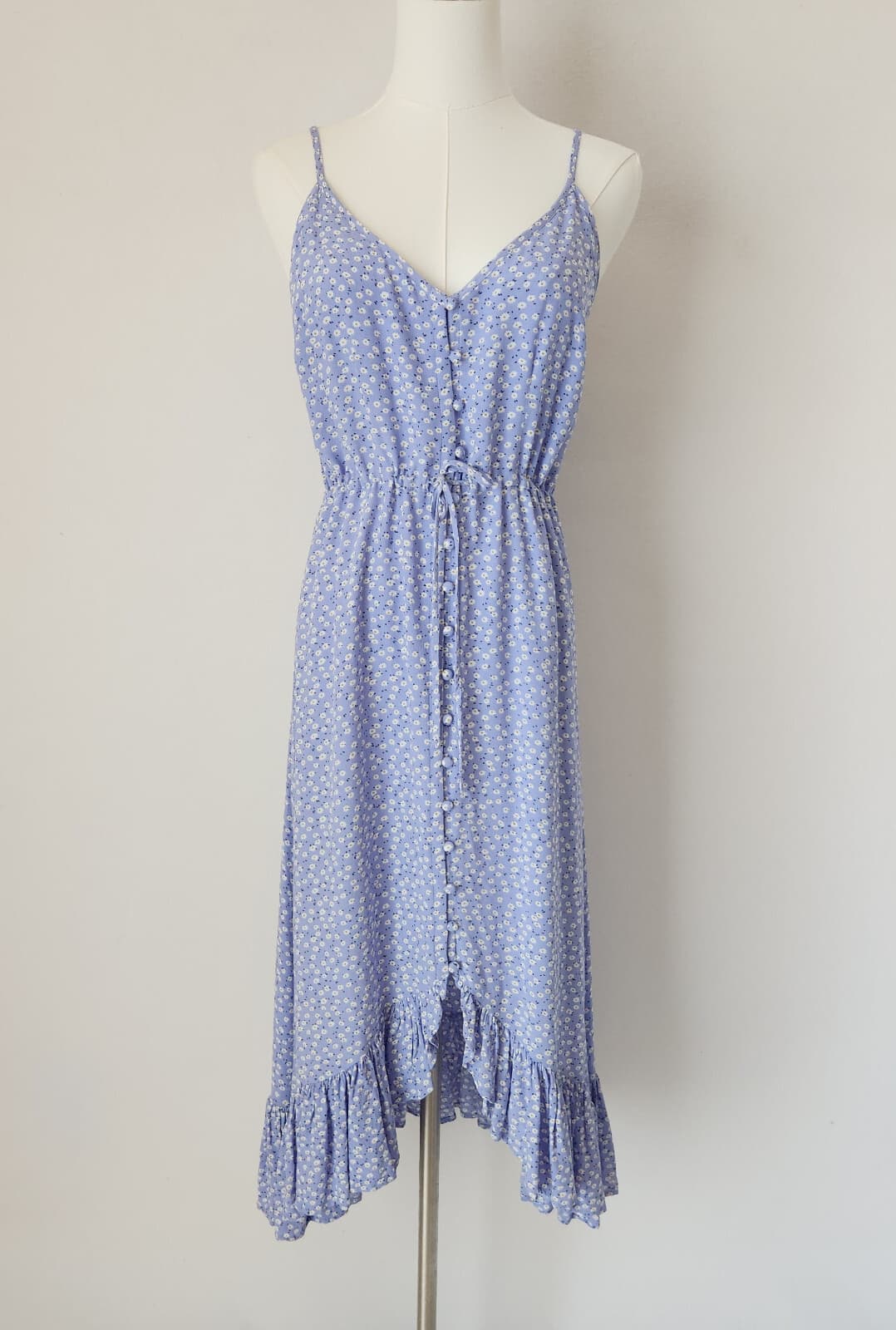 Rails Frida Sky Blue Daisies Midi Sun Dress Ruffle Hi-Low Spaghetti Strap Sz.S - Thumbnail 6