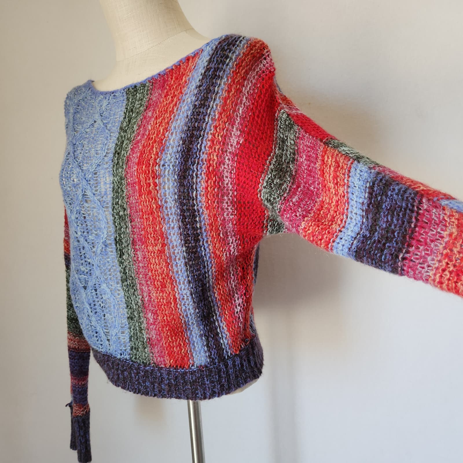 Free People Open Knit Sweater Boatneck Wool Mohair Alpaca Multicolor Oversize XS - Thumbnail 3