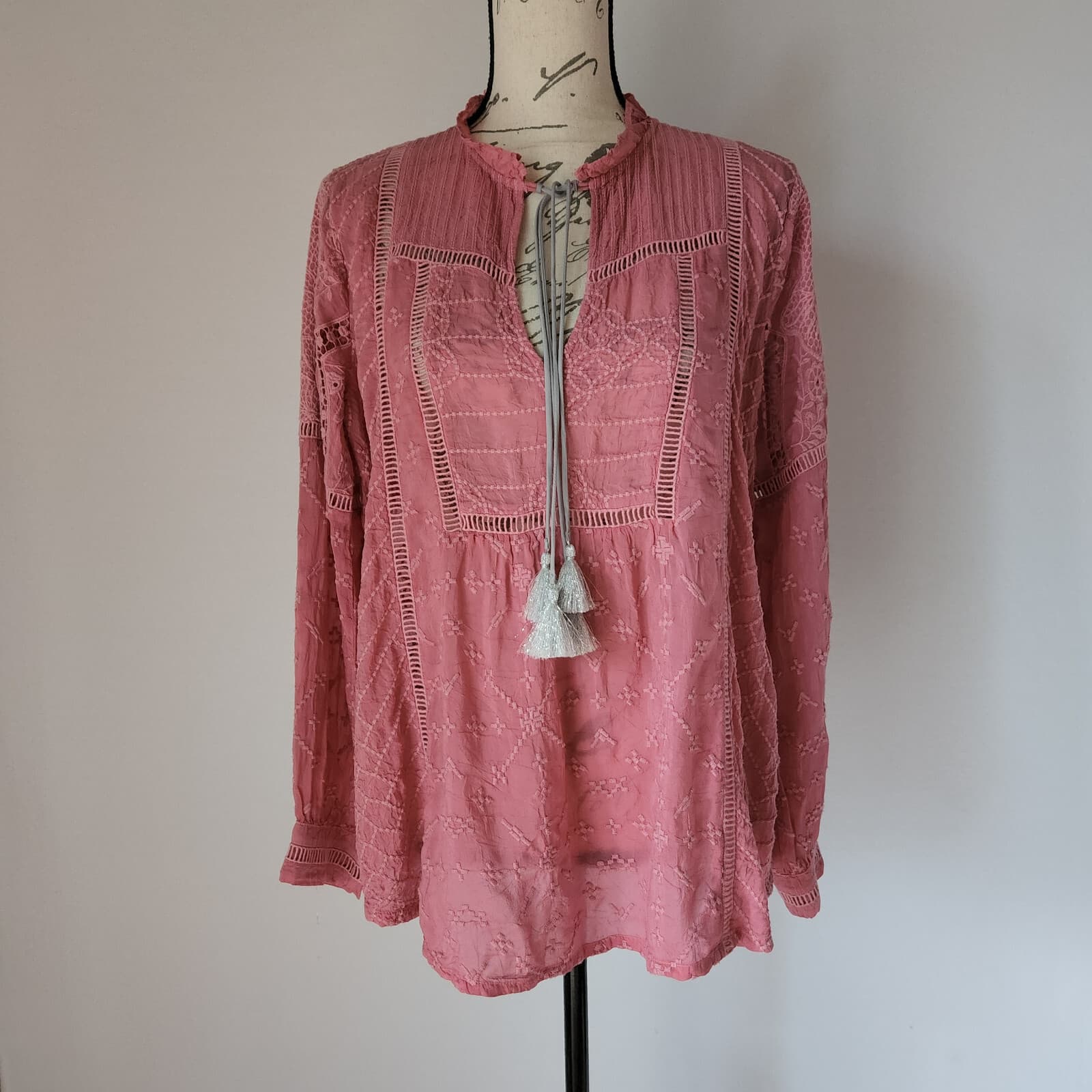 NWT Johnny Was Garden Astrid Embroidered Tunic Boho Top Tassels Pink Sz.S $275 - Thumbnail 2