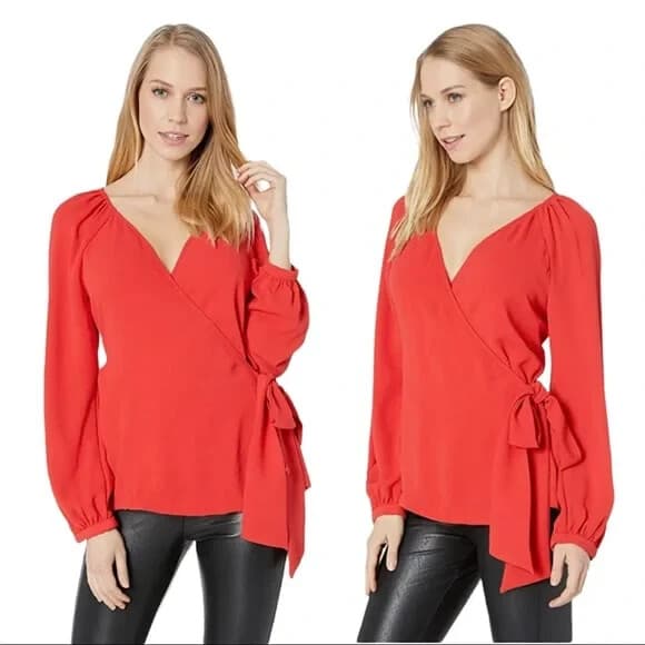 NWoT Trina Turk $188 Chiffon Wrap Blouse Long Sleeve Red Polyester Women's M - Thumbnail 2