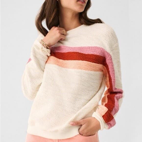 Faherty Vista Striped Pullover Sweatshirt Crewneck Texture Knit White Women's M - Thumbnail 5