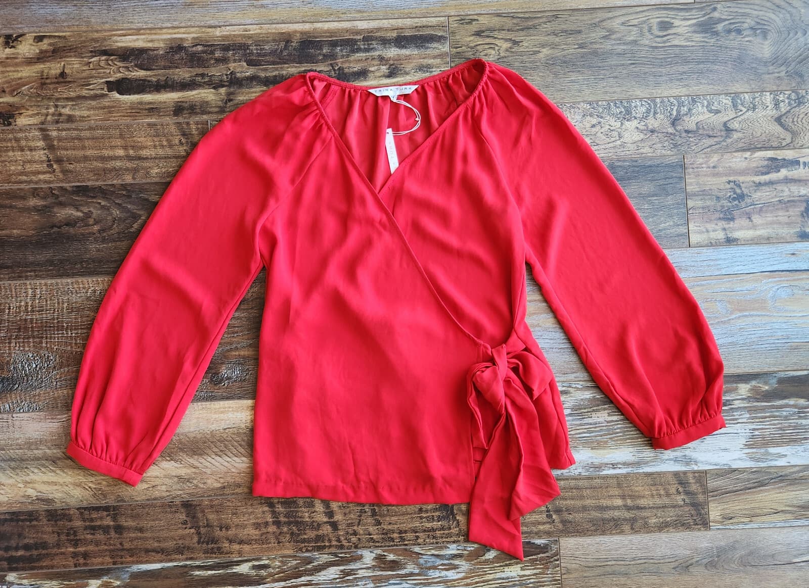 NWoT Trina Turk $188 Chiffon Wrap Blouse Long Sleeve Red Polyester Women's M - Thumbnail 4
