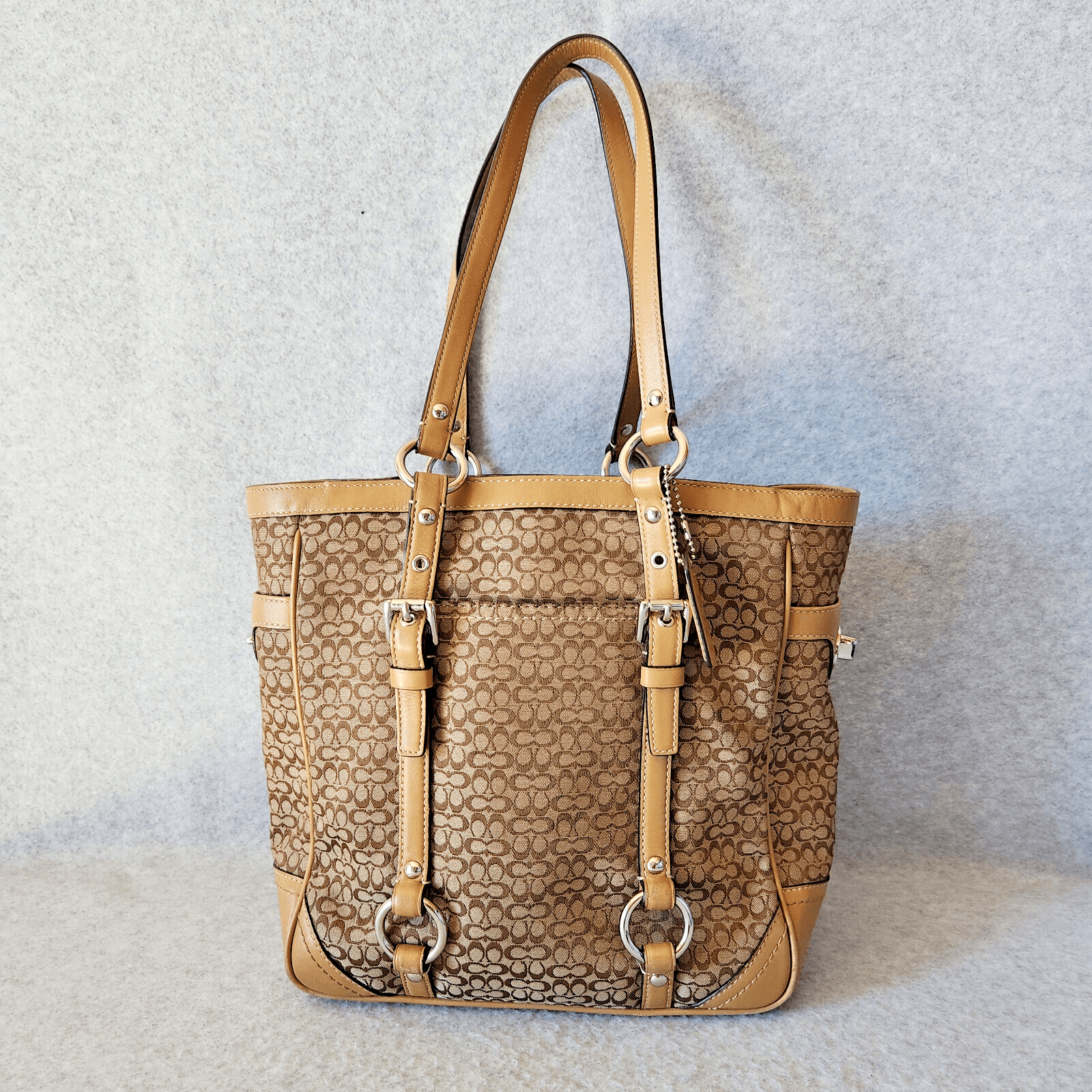 COACH F11526 Signature Gallery Monogram Tote Handbag Canvas Leather Khaki Brown