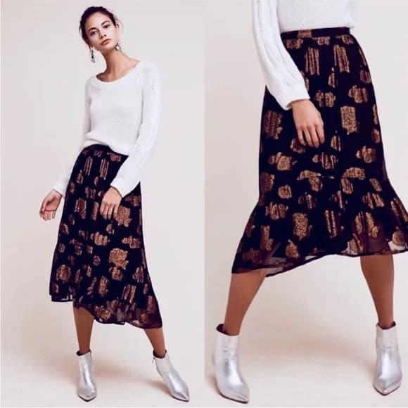 NWT Anthropologie Floreat Oralie Metallic Sheer Midi Skirt Zip Black Motif Sz.8 - Thumbnail 2