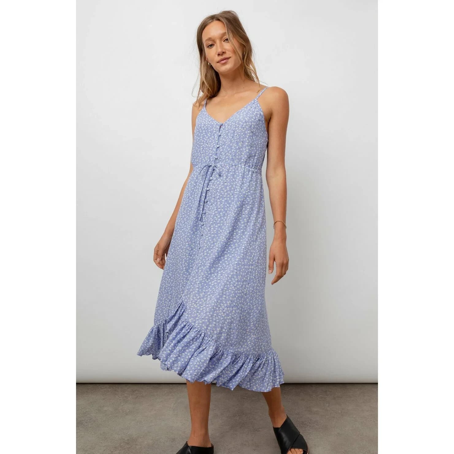 Rails Frida Sky Blue Daisies Midi Sun Dress Ruffle Hi-Low Spaghetti Strap Sz.S - Thumbnail 2