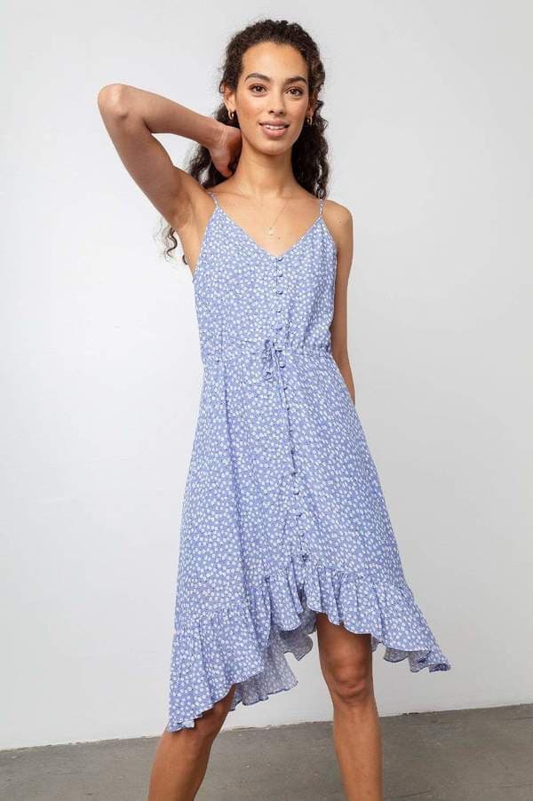 Rails Frida Sky Blue Daisies Midi Sun Dress Ruffle Hi-Low Spaghetti Strap Sz.S - Thumbnail 5