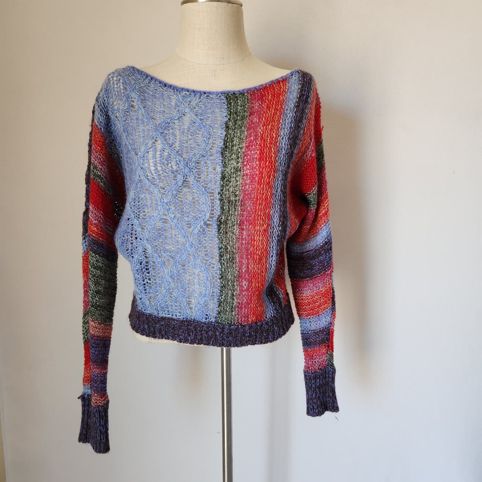 Free People Open Knit Sweater Boatneck Wool Mohair Alpaca Multicolor Oversize XS - Thumbnail 2