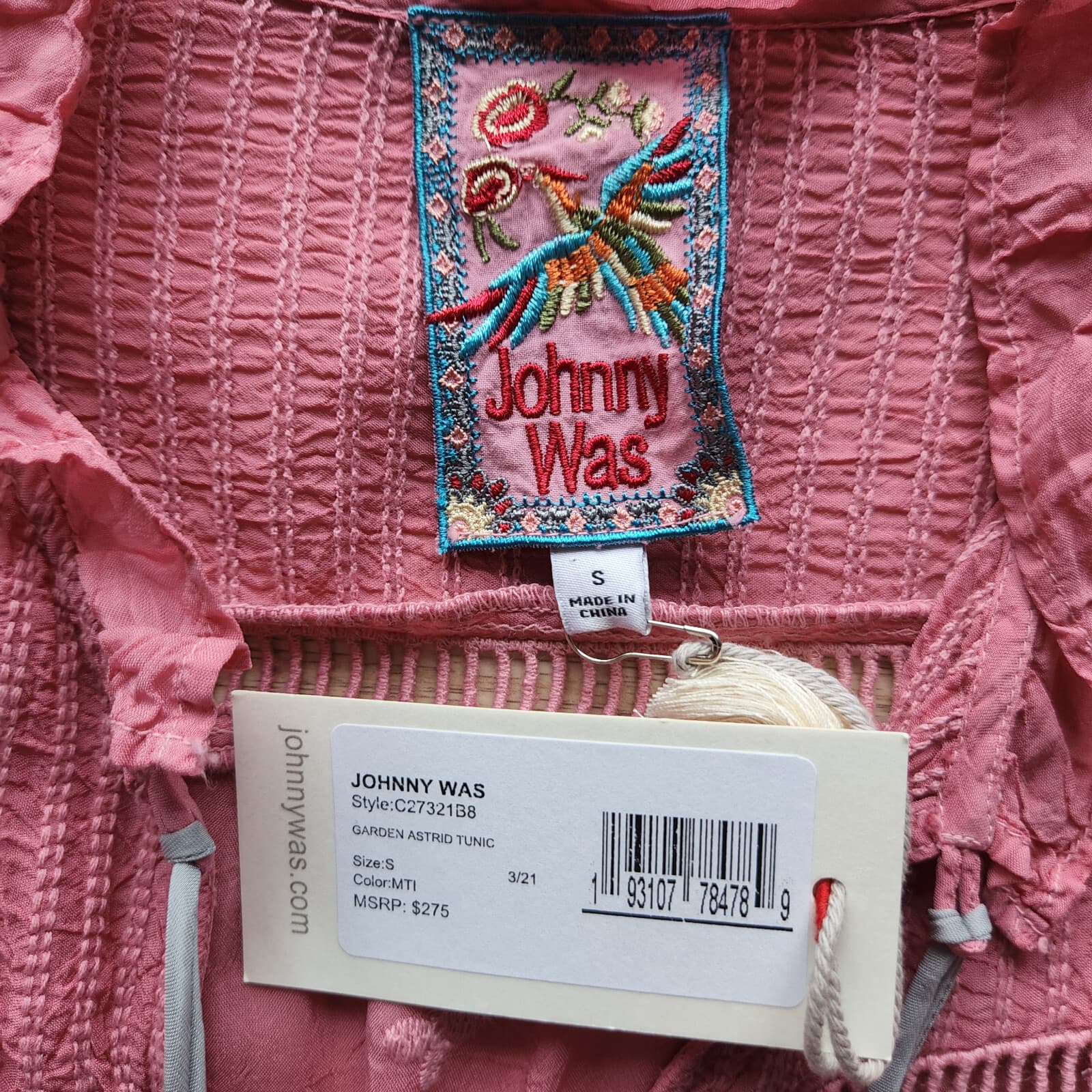 NWT Johnny Was Garden Astrid Embroidered Tunic Boho Top Tassels Pink Sz.S $275 - Thumbnail 10