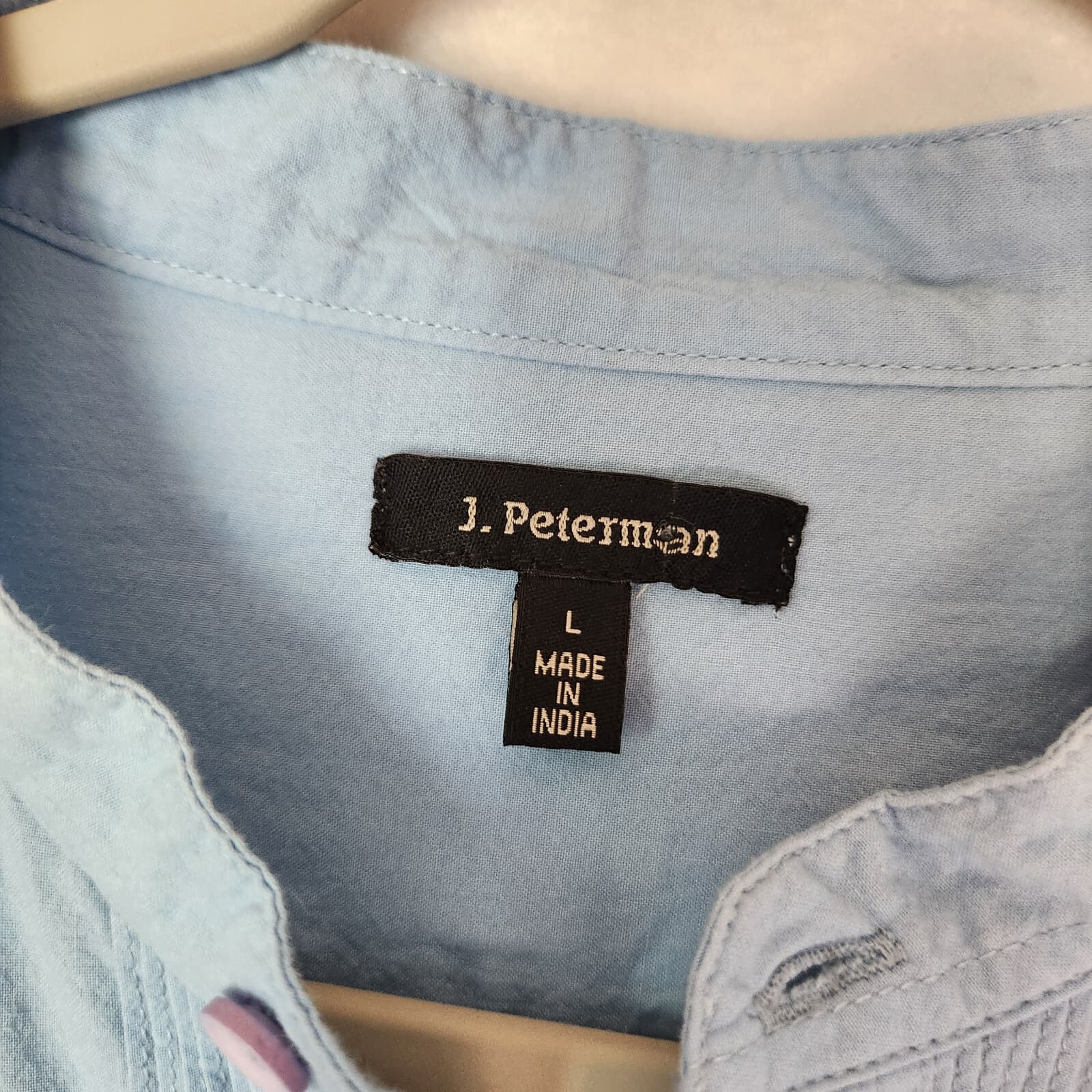 J. Peterman Pintuck Mandarin Neck Popover Top Long Sleeve Half Button Blue Sz.L - Thumbnail 7