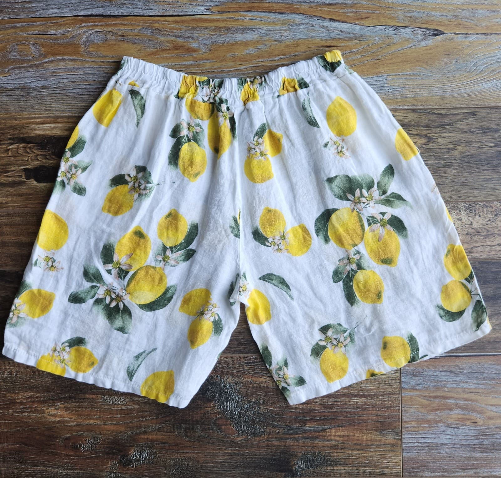 NWoT Made In Italy 100% Linen Lemon Printed 7.5" Shorts Pocket Elastic Waist 27" - Thumbnail 4