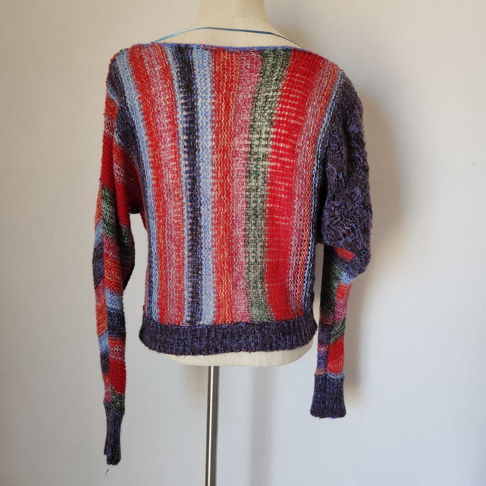 Free People Open Knit Sweater Boatneck Wool Mohair Alpaca Multicolor Oversize XS - Thumbnail 6