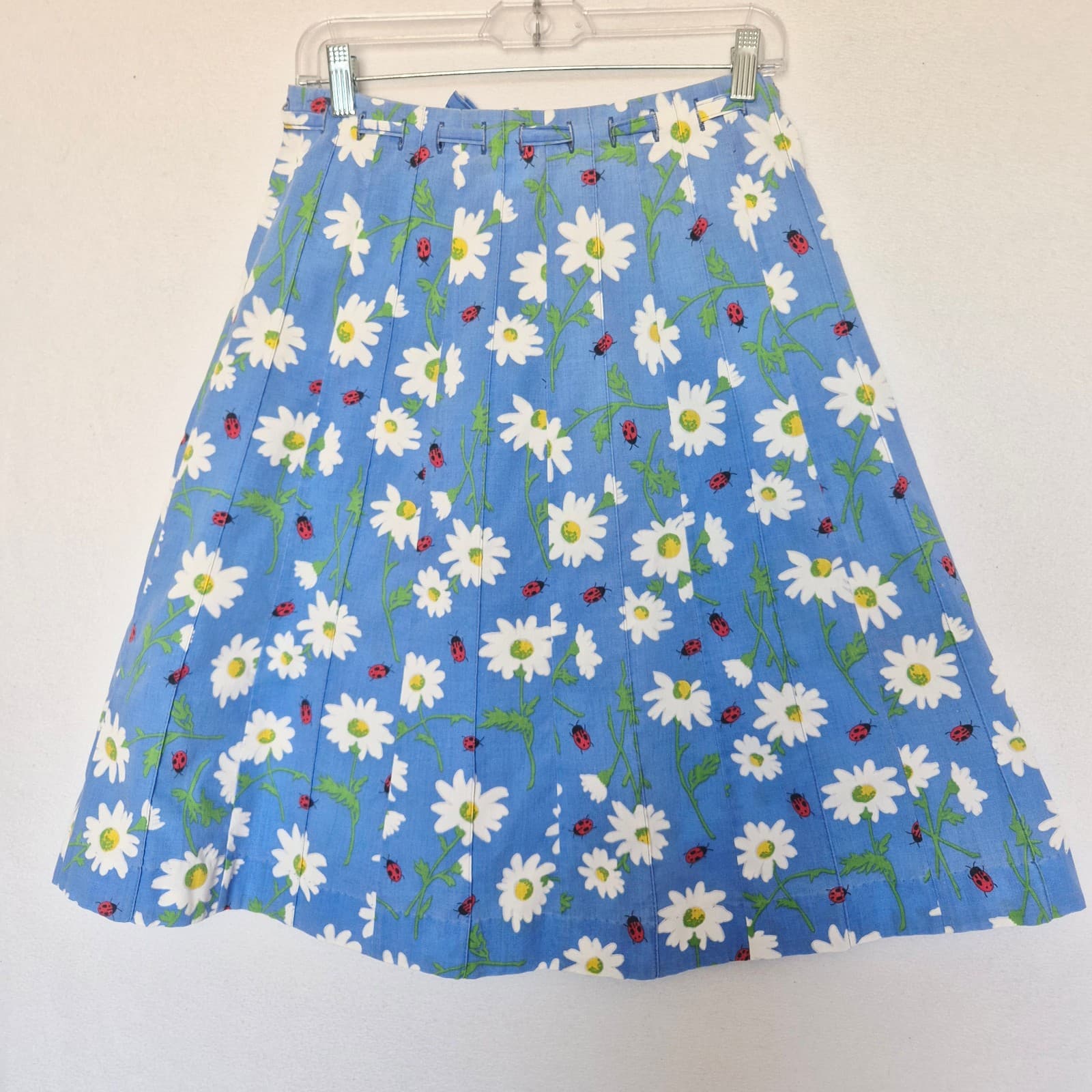 Vintage Tumbleweeds Daisy Ladybug A-Lined Skirt Tie-Waist Button-Front Blue Sz.S - Thumbnail 5