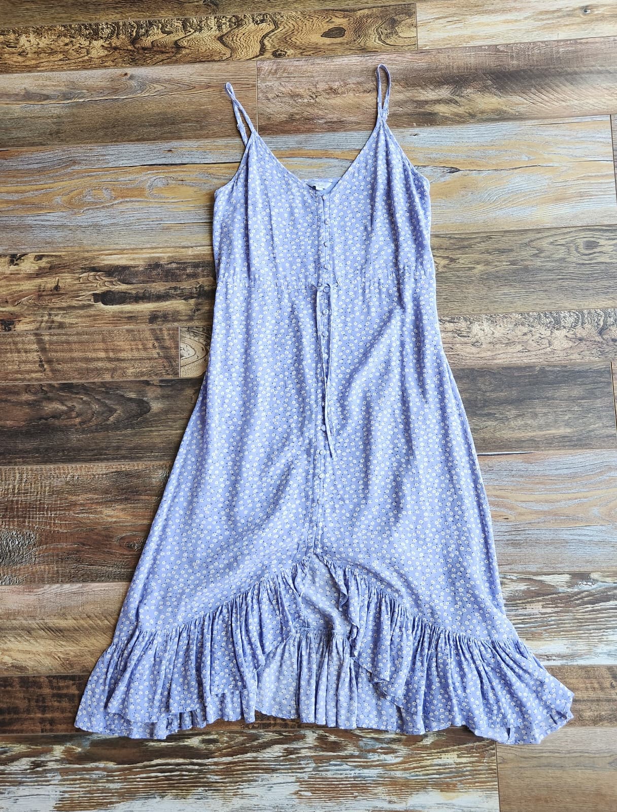 Rails Frida Sky Blue Daisies Midi Sun Dress Ruffle Hi-Low Spaghetti Strap Sz.S - Thumbnail 10