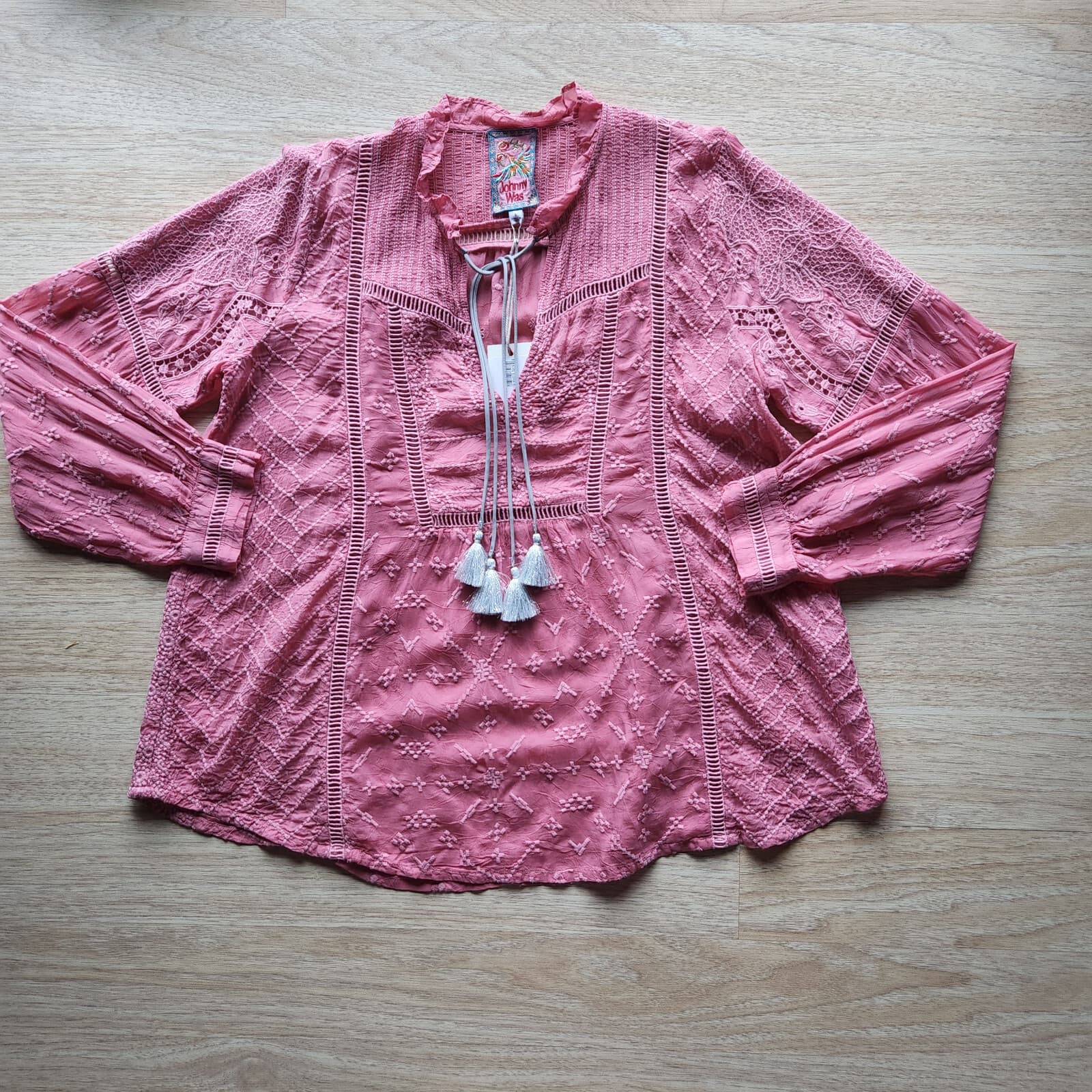 NWT Johnny Was Garden Astrid Embroidered Tunic Boho Top Tassels Pink Sz.S $275 - Thumbnail 4