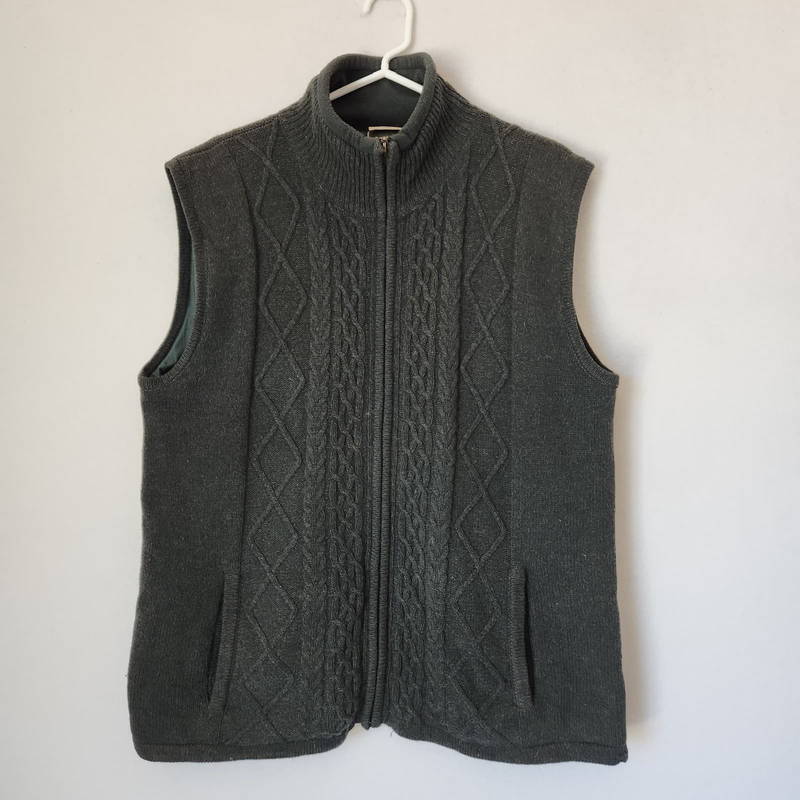Carraig Donn Ireland Wool Cable Knit Zip-Up Mock Vest Lined Pocket Green Men's L - Thumbnail 2