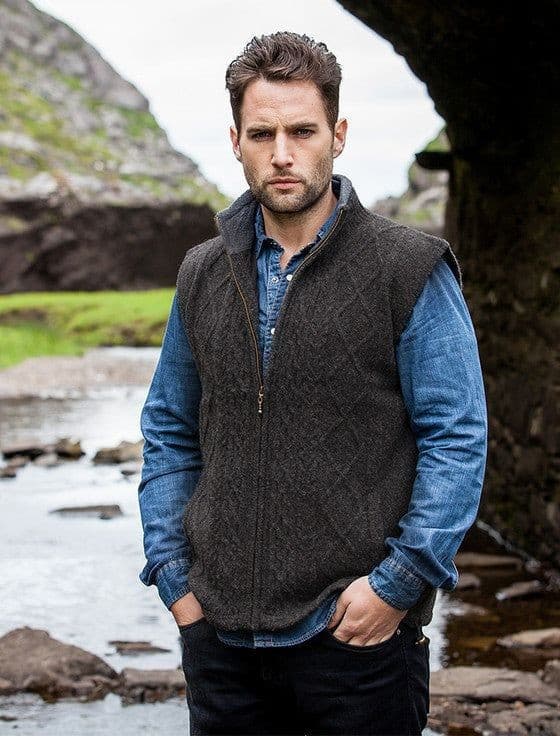 Carraig Donn Ireland Wool Cable Knit Zip-Up Mock Vest Lined Pocket Green Men's L - Thumbnail 3