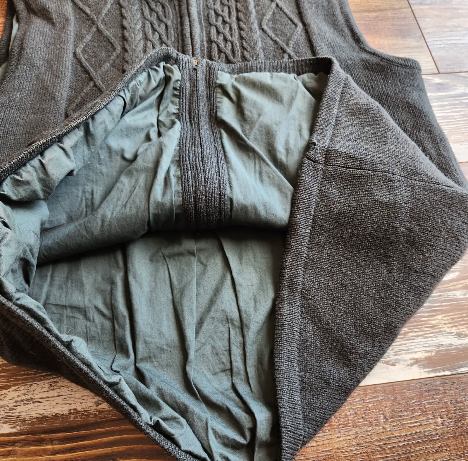 Carraig Donn Ireland Wool Cable Knit Zip-Up Mock Vest Lined Pocket Green Men's L - Thumbnail 7