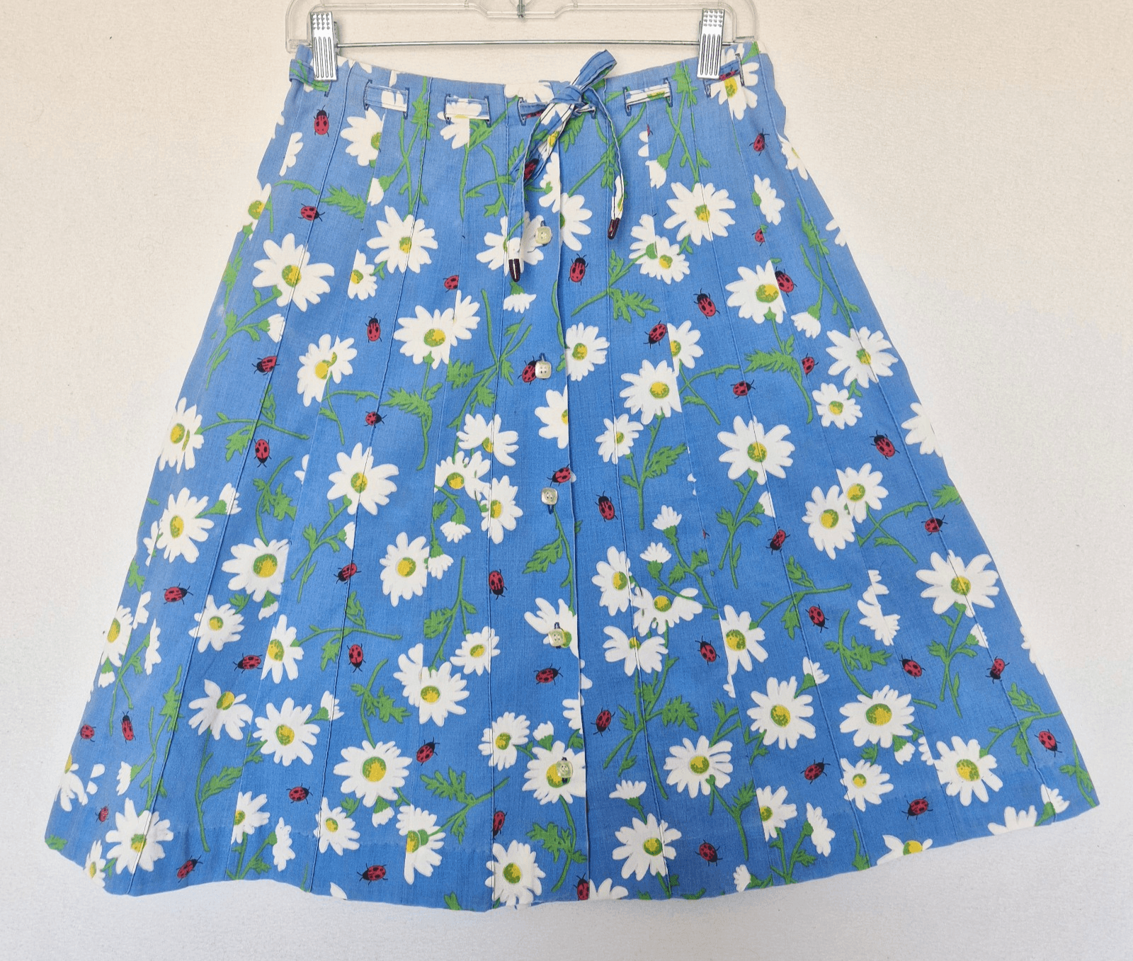 Vintage Tumbleweeds Daisy Ladybug A-Lined Skirt Tie-Waist Button-Front Blue Sz.S - Thumbnail 2