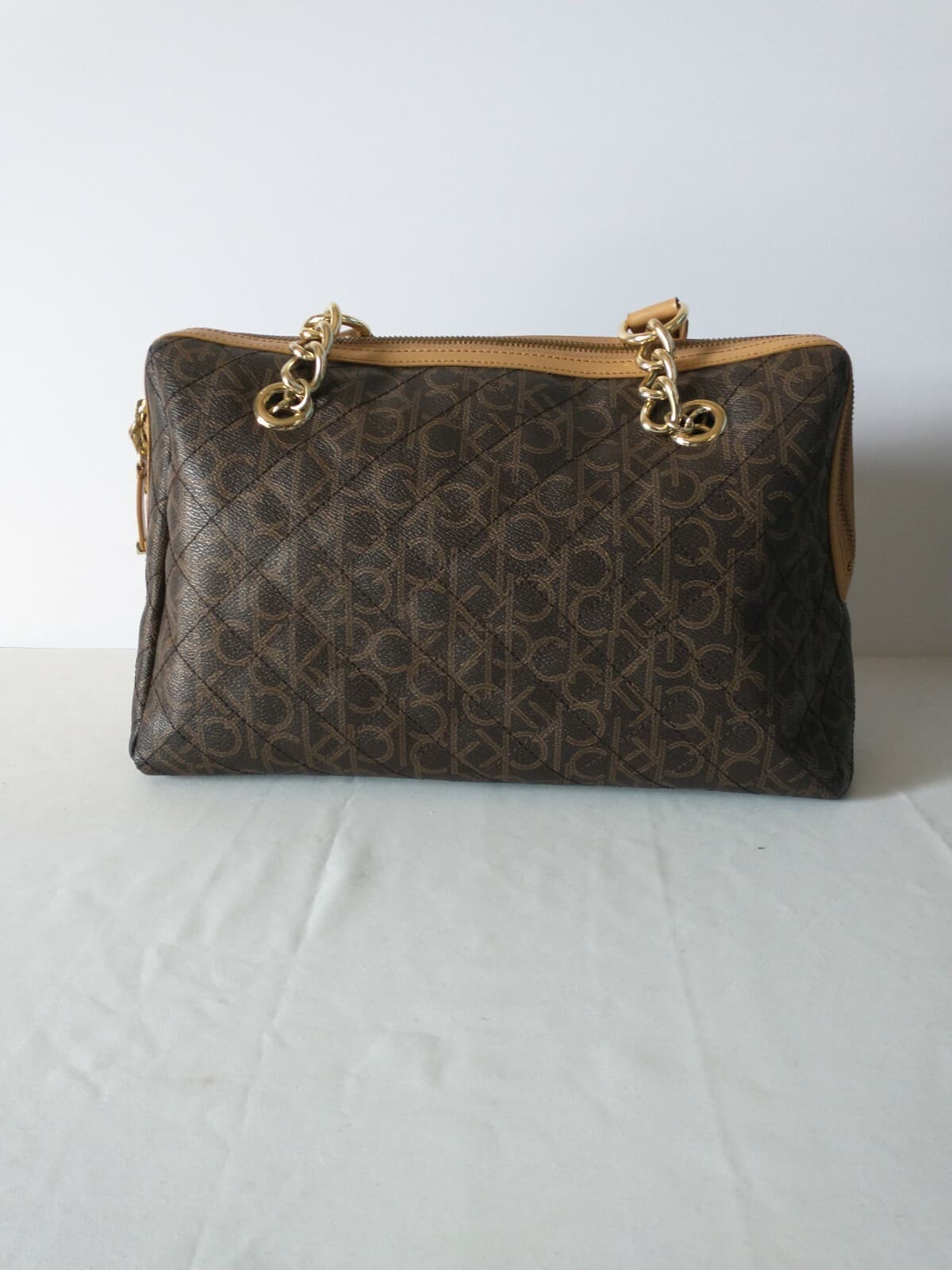 Calvin Klein Monogram Signature Handbag Shoulder Bag Fringe Zipper Brown 10"x14" - Thumbnail 3