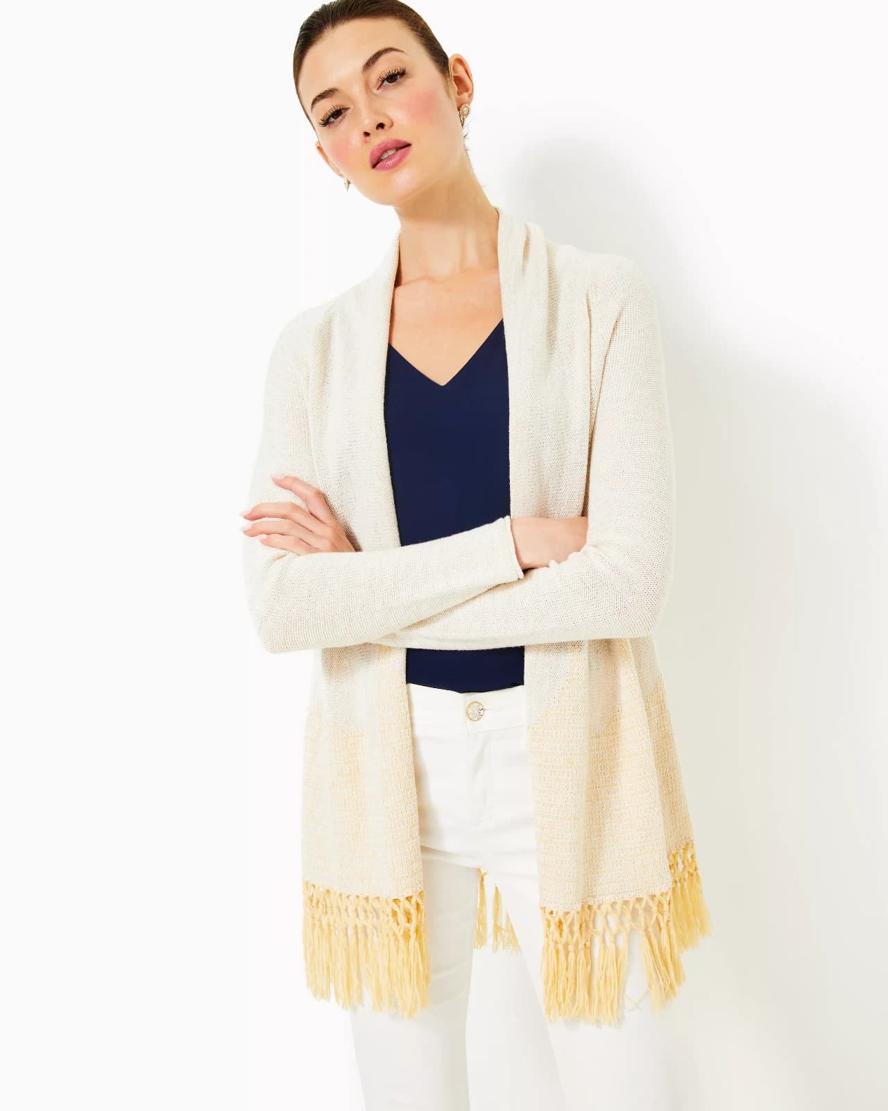 Lilly Pulitzer Tatum Fringe Hem Open Cardigan Cotton Blend Beige Metallic Size L - Thumbnail 5