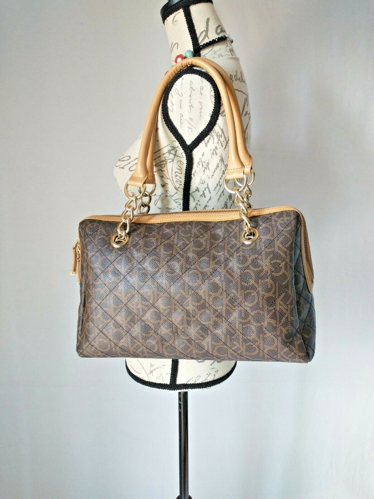 Calvin Klein Monogram Signature Handbag Shoulder Bag Fringe Zipper Brown 10"x14" - Thumbnail 2
