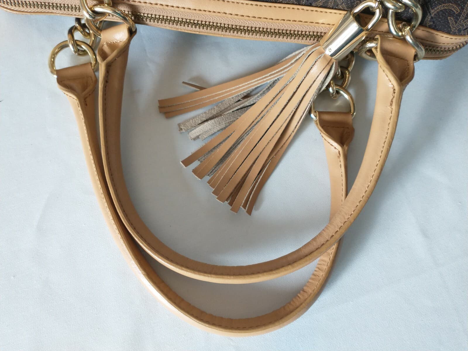 Calvin Klein Monogram Signature Handbag Shoulder Bag Fringe Zipper Brown 10"x14" - Thumbnail 9
