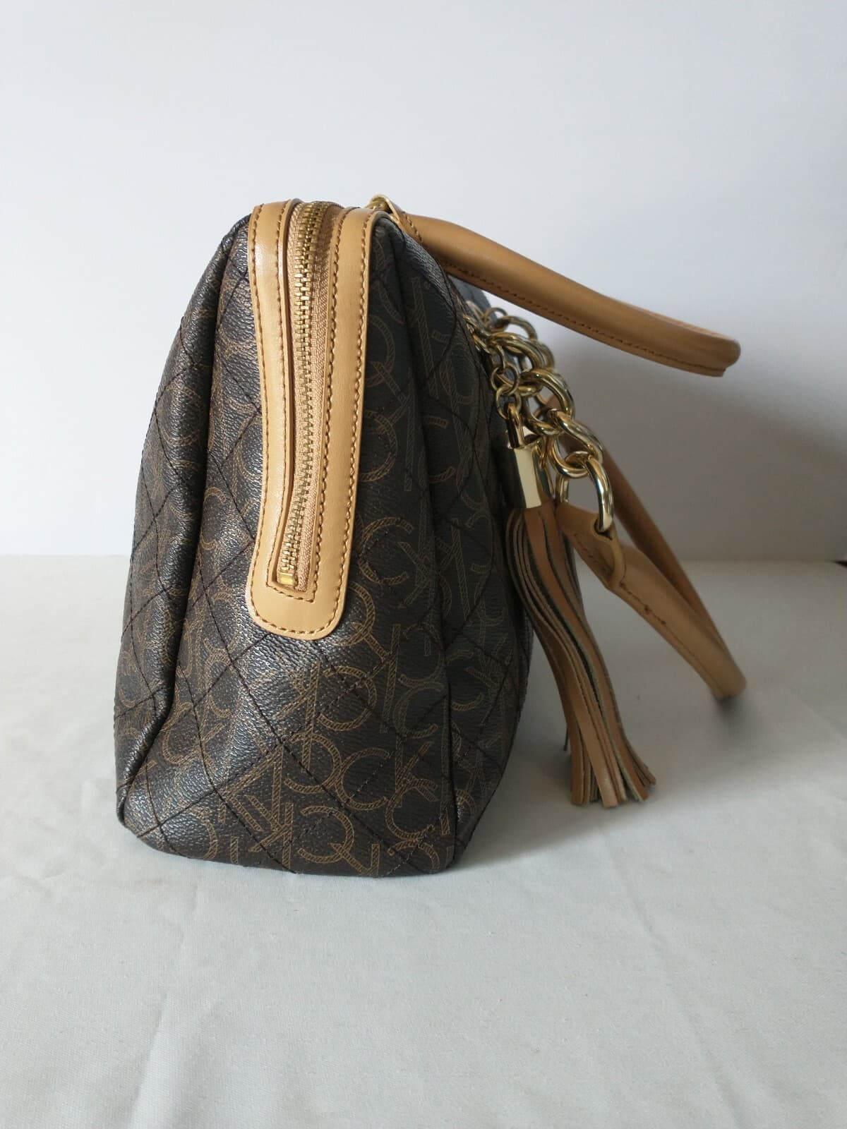 Calvin Klein Monogram Signature Handbag Shoulder Bag Fringe Zipper Brown 10"x14" - Thumbnail 5