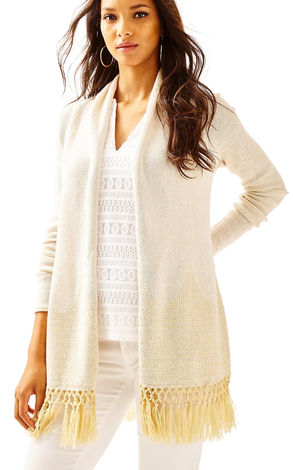 Lilly Pulitzer Tatum Fringe Hem Open Cardigan Cotton Blend Beige Metallic Size L - Thumbnail 3