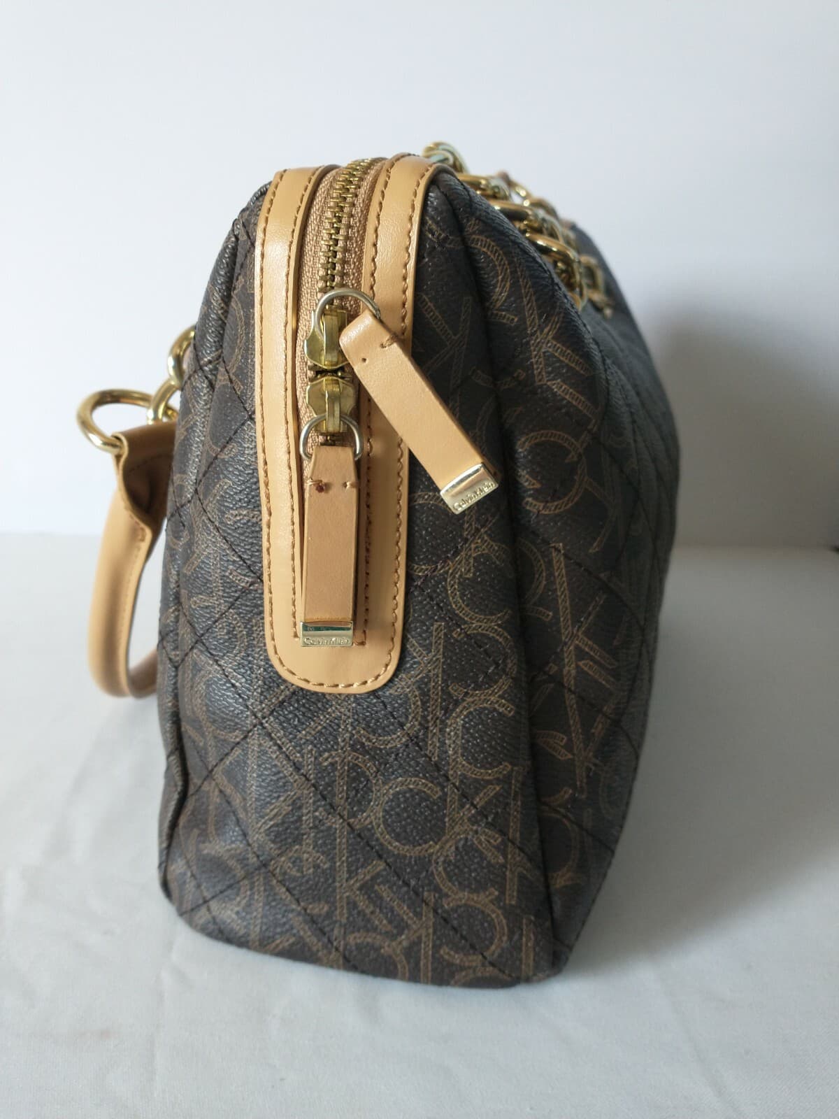 Calvin Klein Monogram Signature Handbag Shoulder Bag Fringe Zipper Brown 10"x14" - Thumbnail 4
