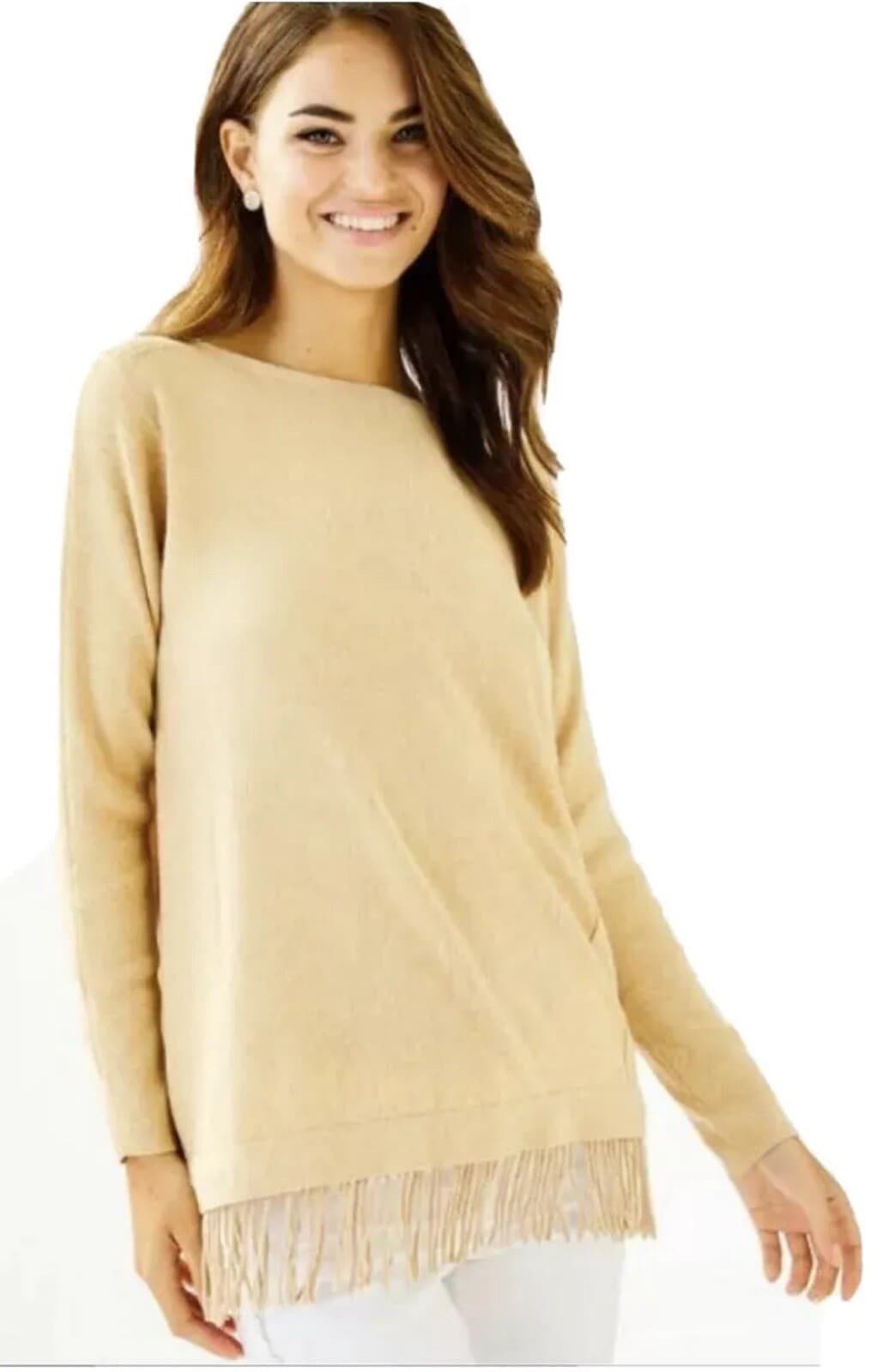 Lilly Pulitzer Glenda Coolmax Fringe-Hem Sweater Heather-Sand Cotton Blend Sz.M - Thumbnail 3