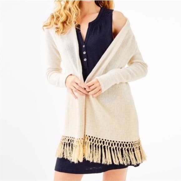 Lilly Pulitzer Tatum Fringe Hem Open Cardigan Cotton Blend Beige Metallic Size L - Thumbnail 6