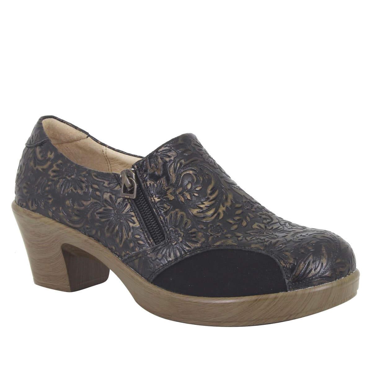 EUC Alegria Hayli Minted Bronze Floral Leather Comfort Clogs Heel Zipper EU38 - Thumbnail 2