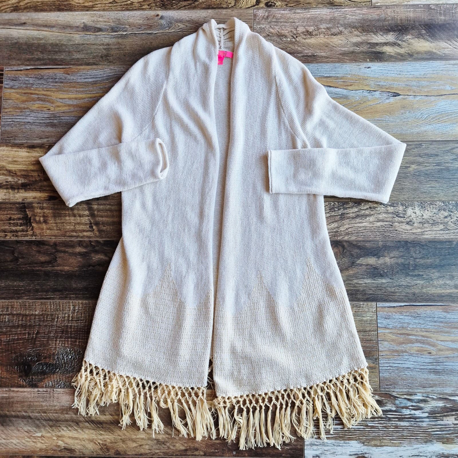 Lilly Pulitzer Tatum Fringe Hem Open Cardigan Cotton Blend Beige Metallic Size L - Thumbnail 4