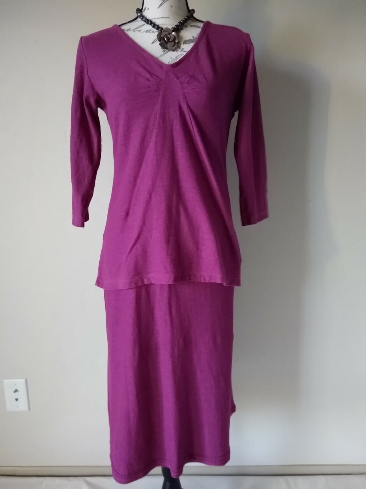 Cut Loose Linen Blend Knit Top+Skirt Set 3/4 Sleeve Elastic Waist Purple Sz.M - Thumbnail 3