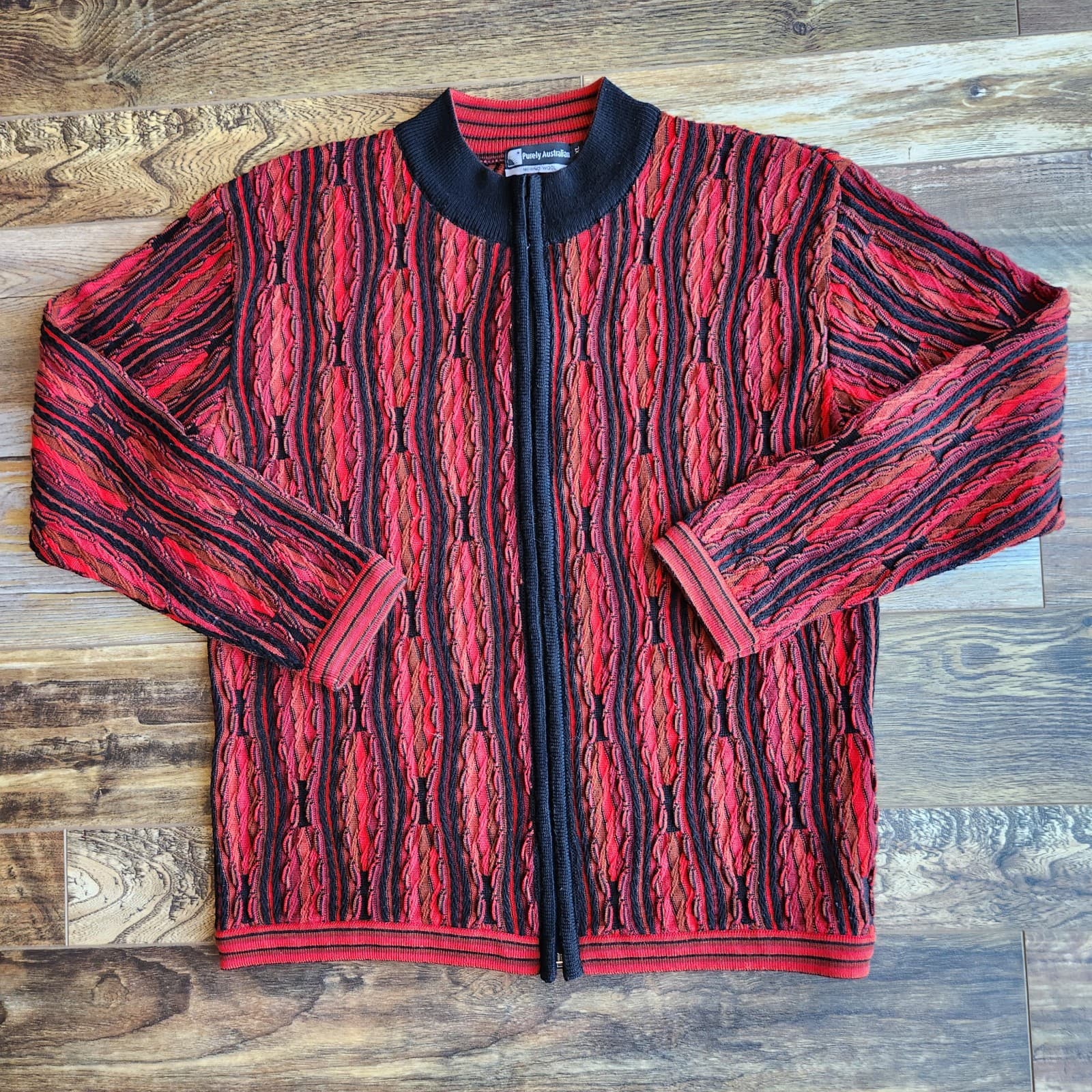 Purely Australian Merino Wool Cosby 3D Hiphob Zip-Up Sweater Red Black Men's XL