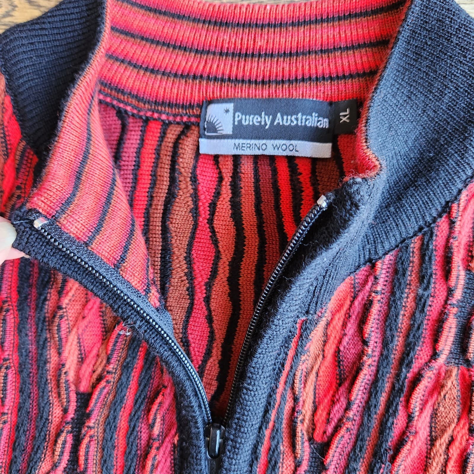 Purely Australian Merino Wool Cosby 3D Hiphob Zip-Up Sweater Red Black Men's XL - Thumbnail 7