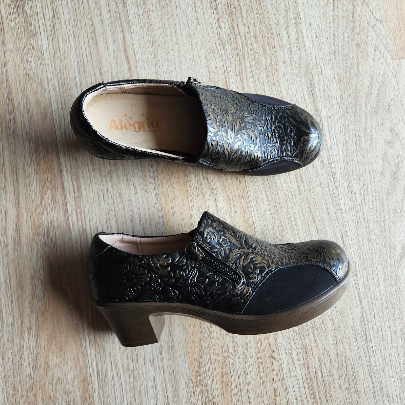 EUC Alegria Hayli Minted Bronze Floral Leather Comfort Clogs Heel Zipper EU38 - Thumbnail 4